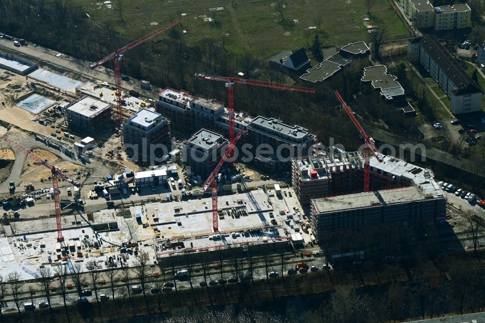 Berlin from the bird's eye view: Residential construction site with multi-family housing development- Seed on the Saatwinkler Damm in the district Siemensstadt in Berlin, Germany