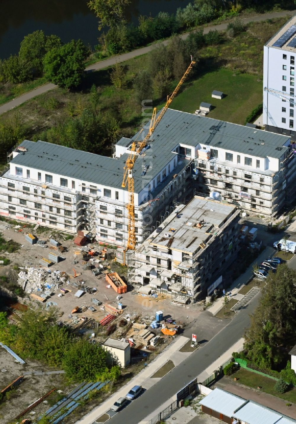 Aerial photograph Halle (Saale) - Residential construction site with multi-family housing development- on the Sophienhafen in Halle (Saale) in the state Saxony-Anhalt, Germany