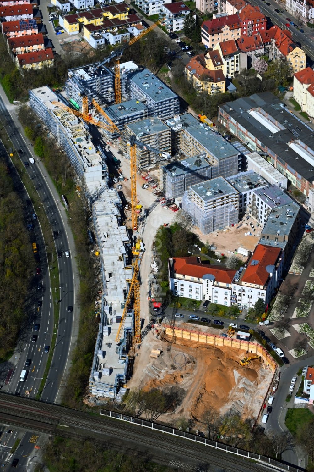 Nürnberg from the bird's eye view: Residential construction site with multi-family housing development- on Europaplatz in the district Sankt Jobst in Nuremberg in the state Bavaria, Germany