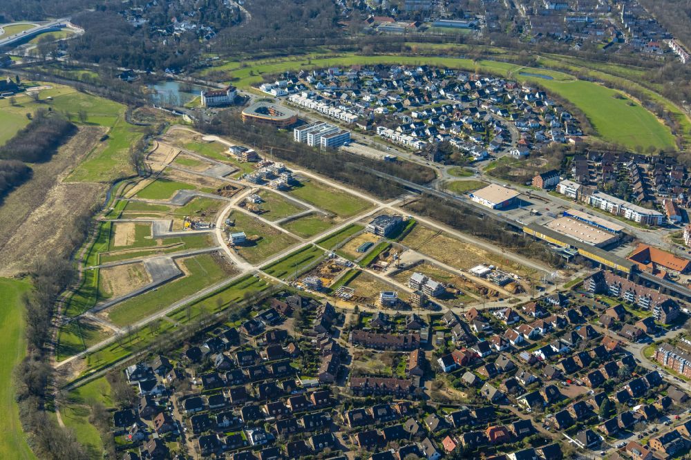 Aerial photograph Duisburg - Residential area construction site of a mixed development with multi-family houses and single-family houses- New building at the Am Alten Angerbach in the district Huckingen in Duisburg in the state North Rhine-Westphalia, Germany