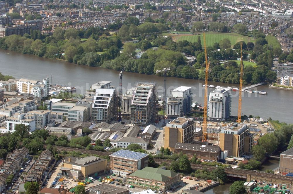 London from above - View at the construction site of a residential house new building at the Wandsworth Riverside Quarter in the district Wandsworth of London in the county of Greater London in the UK. The quarter is located between the Wandsworth Park and Bell Lane Creek right at the Thames