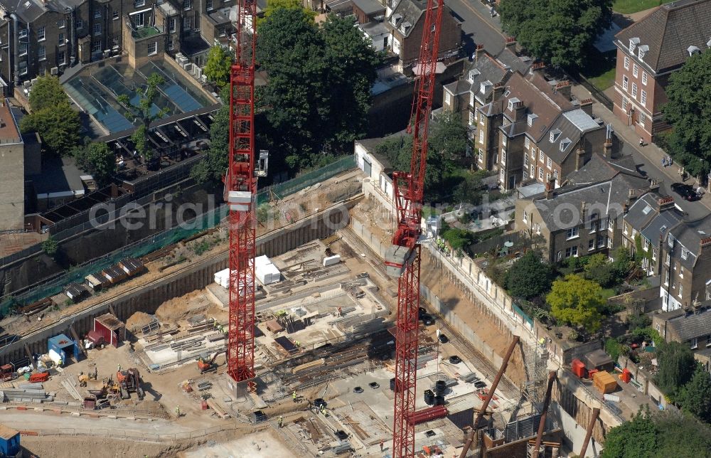 Aerial image London - View at the construction site of a residential new building in the center of the district Greenwich in London in the county of Greater London in the UK. On the site at the Stockwell Street was formerly the Stockwell Street market located
