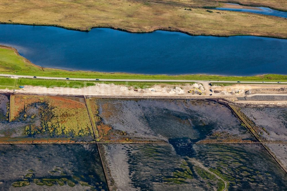 Aerial photograph Ockholm - Construction site for the new construction of the dike protective strip along the L191 in Ockholm North Frisia in the state Schleswig-Holstein, Germany