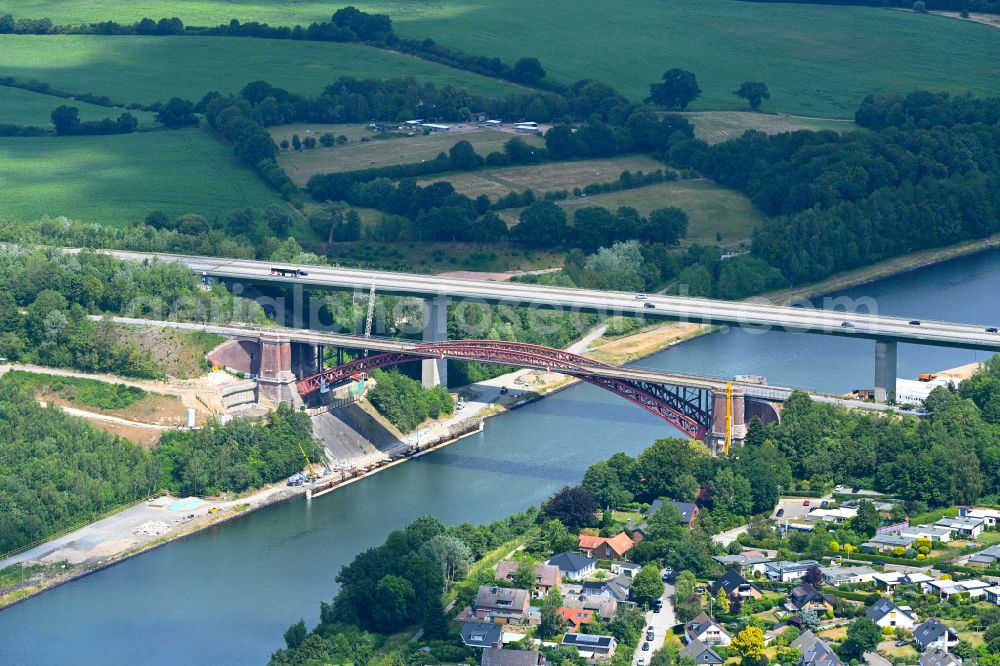 Aerial photograph Kiel - Construction site for the replacement of the Levensauer Hochbruecke bridge over the Kiel Canal in the district of Ravensberg in Kiel in the state Schleswig-Holstein, Germany