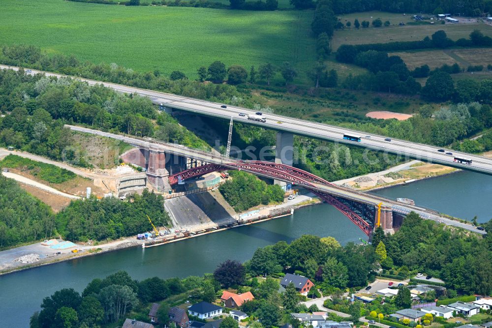 Kiel from above - Construction site for the replacement of the Levensauer Hochbruecke bridge over the Kiel Canal in the district of Ravensberg in Kiel in the state Schleswig-Holstein, Germany