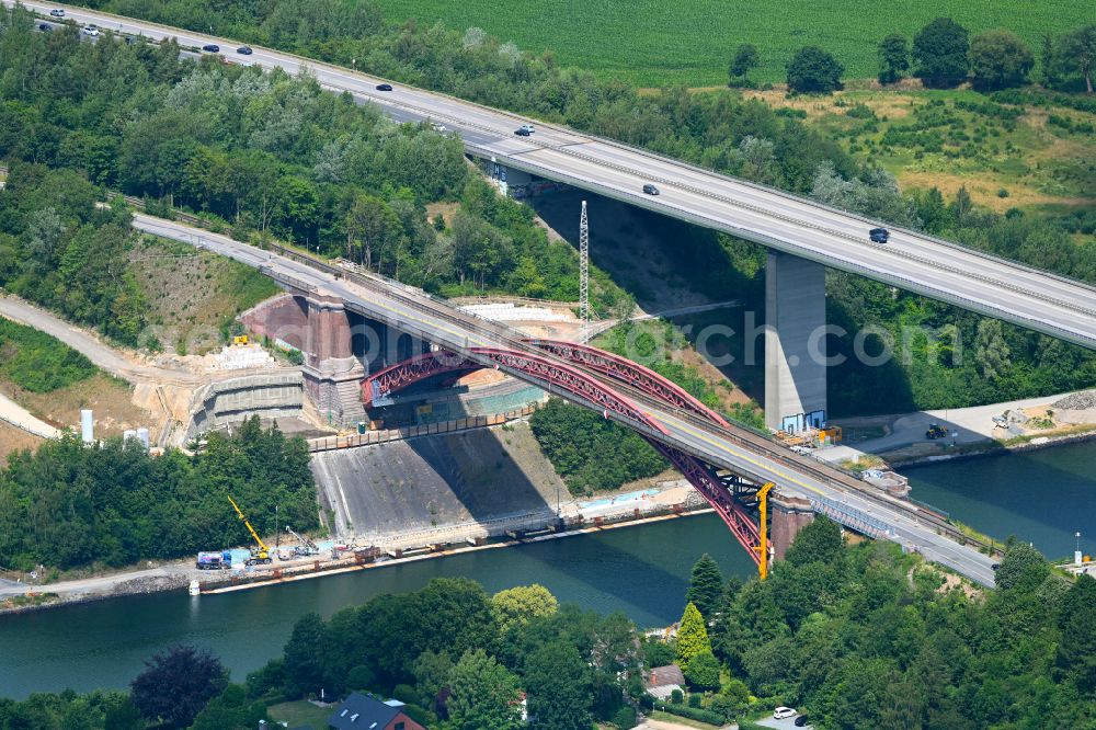 Kiel from the bird's eye view: Construction site for the replacement of the Levensauer Hochbruecke bridge over the Kiel Canal in the district of Ravensberg in Kiel in the state Schleswig-Holstein, Germany
