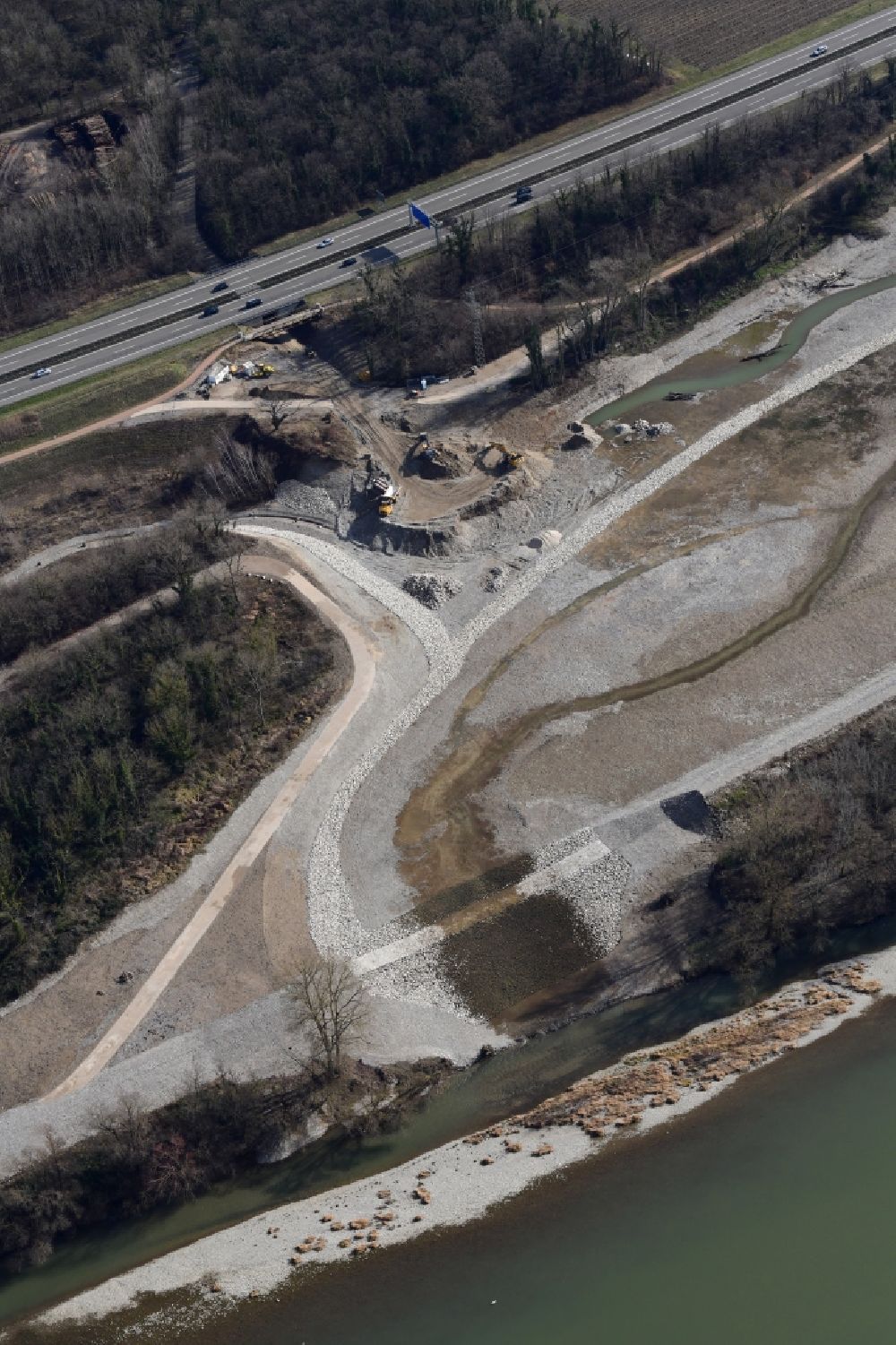 Efringen-Kirchen from the bird's eye view: Construction works on Rhein river for the flood prevention in the district Istein in Efringen-Kirchen in the state Baden-Wuerttemberg, Germany