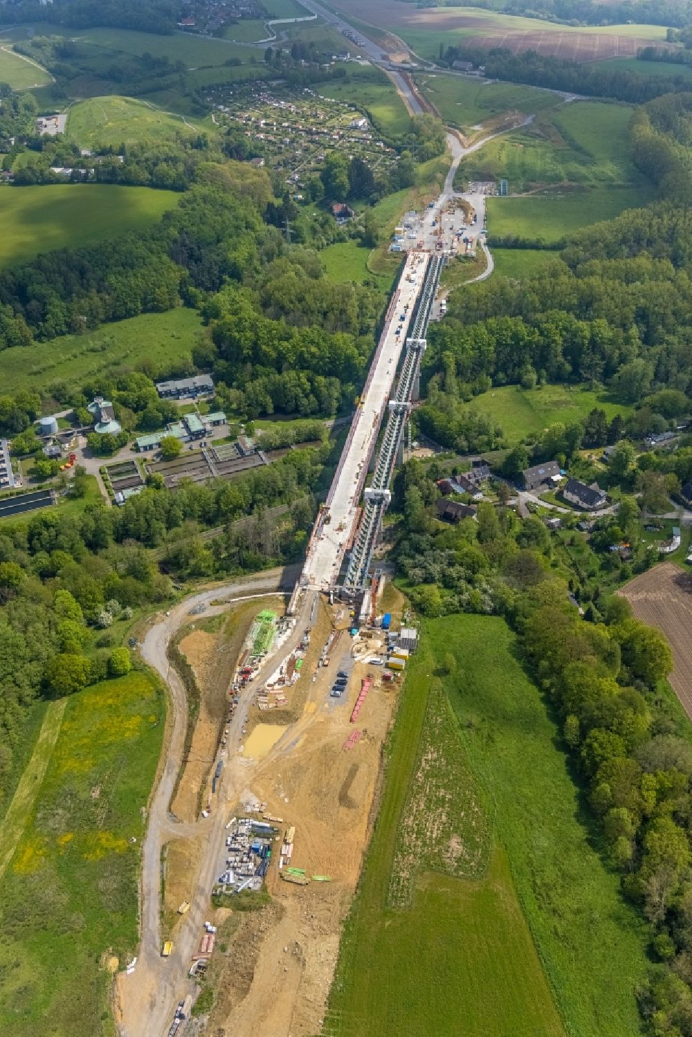 Heiligenhaus from above - New construction of the Highway - motorway bridge Angerbachtalbruecke of the BAB A44 in Hofermuehle in the state North Rhine-Westphalia, Germany