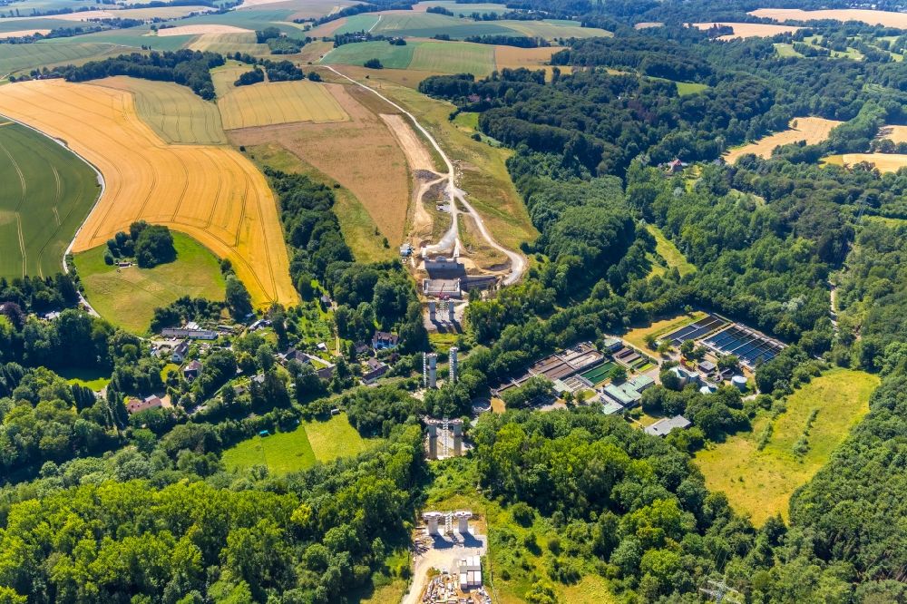 Aerial photograph Heiligenhaus - New construction of the Highway - motorway bridge of the BAB A44 in Hofermuehle in the state North Rhine-Westphalia, Germany