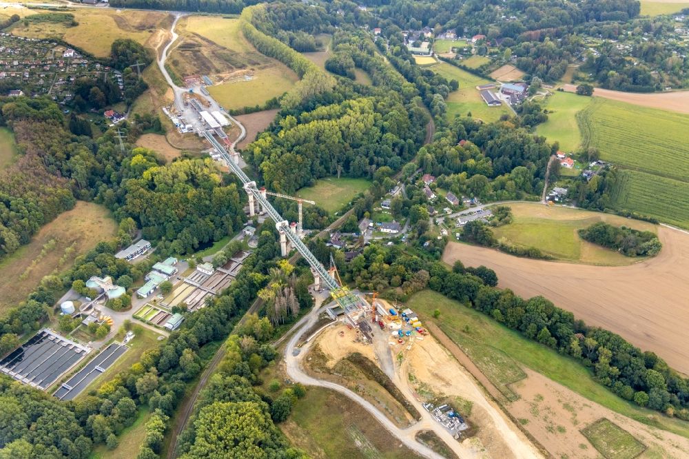 Heiligenhaus from the bird's eye view: New construction of the Highway - motorway bridge of the BAB A44 in Hofermuehle in the state North Rhine-Westphalia, Germany