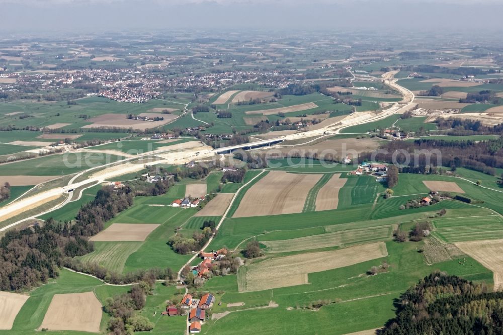 Aerial image Dorfen - New construction of the Highway - motorway bridge of the A 49 in the district Lindum in Dorfen in the state Bavaria