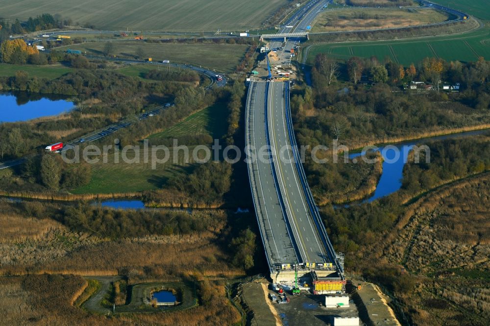 Aerial image Tribsees - Construction site for the rehabilitation and repair of the motorway bridge construction A20 in Tribsees in the state Mecklenburg - Western Pomerania, Germany