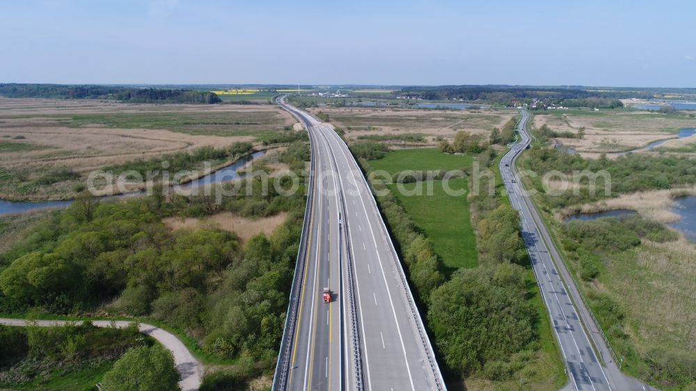 Aerial photograph Langsdorf - Construction site for the rehabilitation and repair of the motorway bridge construction A20 in Tribsees in the state Mecklenburg - Western Pomerania, Germany