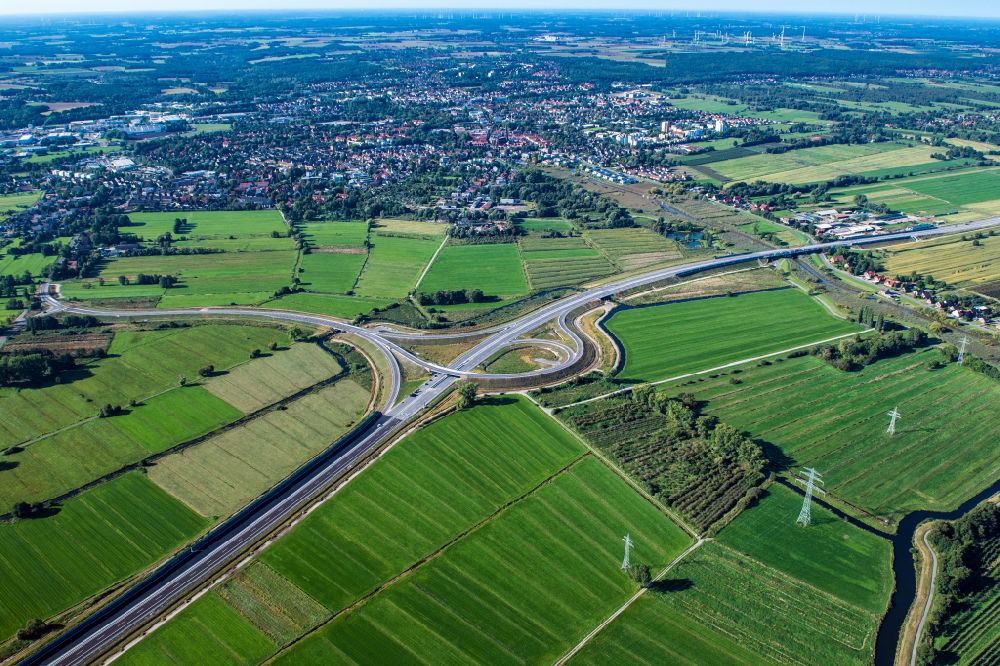 Aerial image Buxtehude - Construction site for new construction on the motorway route of the motorway A26 exit in the district Eilendorf in Buxtehude in the state of Lower Saxony, Germany