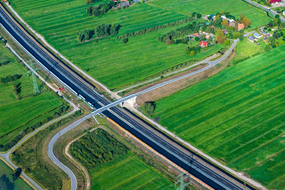 Aerial image Buxtehude - Construction site for new construction on the motorway route of the motorway A26 exit in the district Eilendorf in Buxtehude in the state of Lower Saxony, Germany
