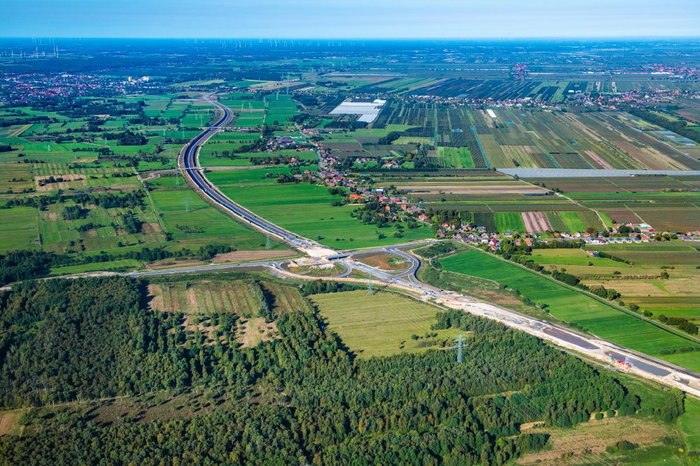 Neu Wulmstorf from above - Construction site for new construction on the motorway route of the motorway exit A26 in Neu Wulmstorf in the state of Lower Saxony, Germany