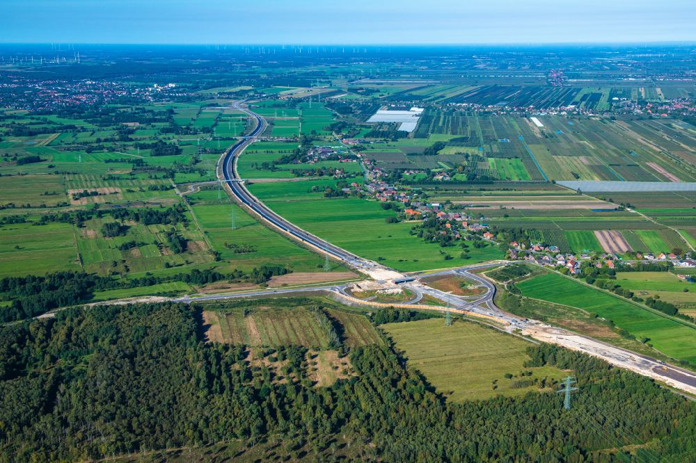 Neu Wulmstorf from the bird's eye view: Construction site for new construction on the motorway route of the motorway exit A26 in Neu Wulmstorf in the state of Lower Saxony, Germany