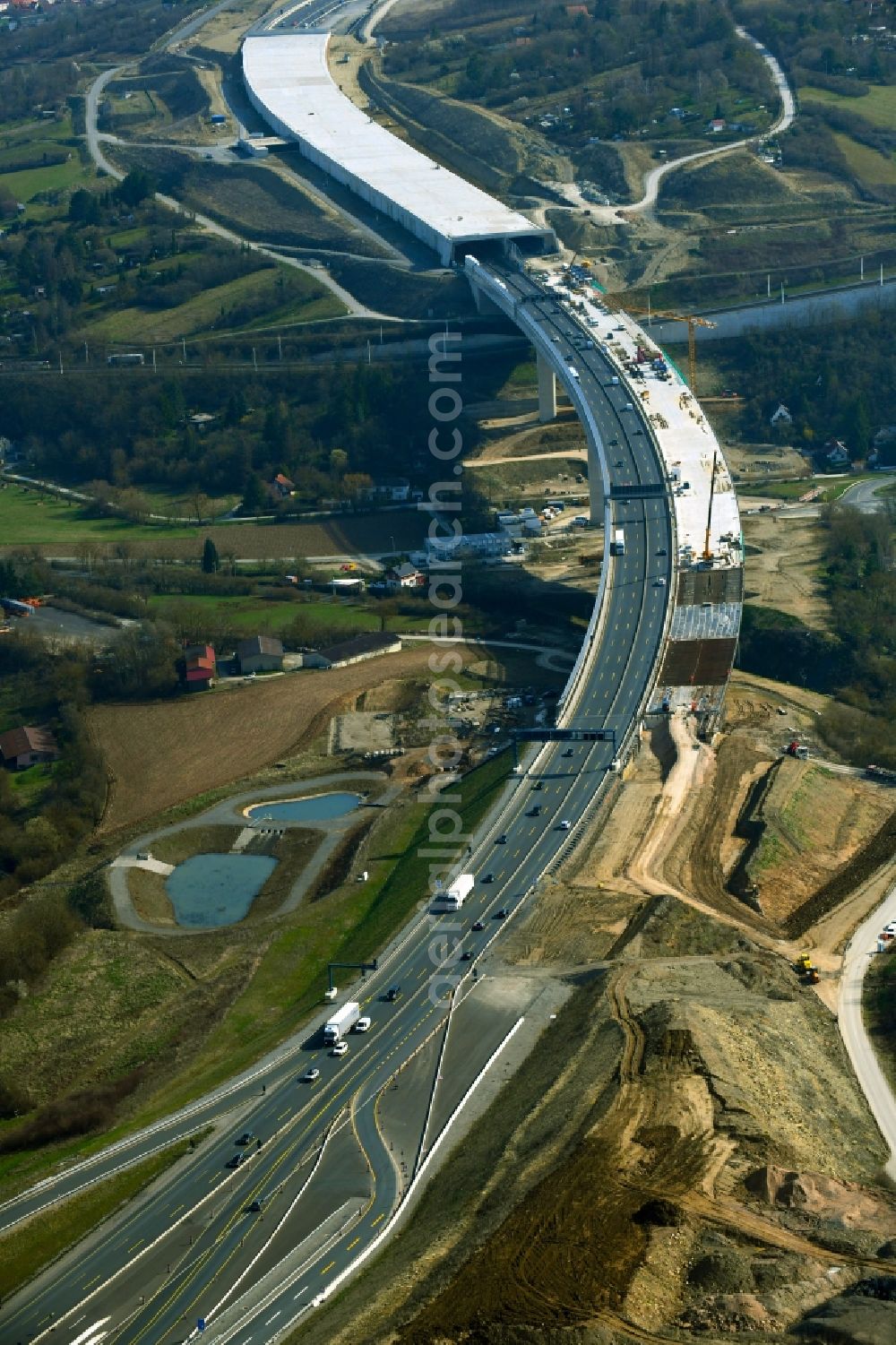 Würzburg from above - New construction Talbruecke Heidingsfeld of the motorway route of the BAB3 in the district Heidingsfeld in Wuerzburg in the state Bavaria, Germany