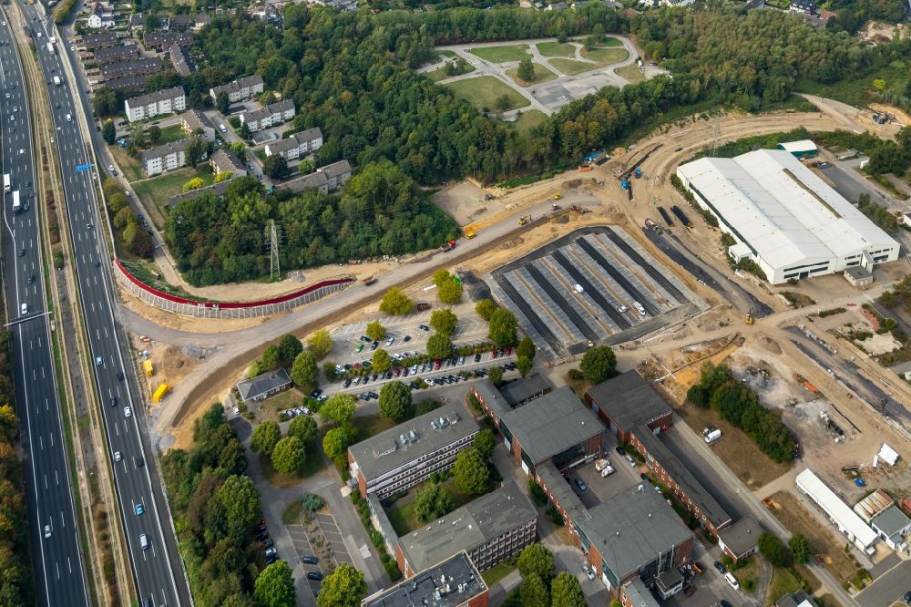 Aerial image Essen - Construction site for the new construction of the motorway entrance on the BAB 40 in Frillendorf in Essen in the federal state of North Rhine-Westphalia, Germany