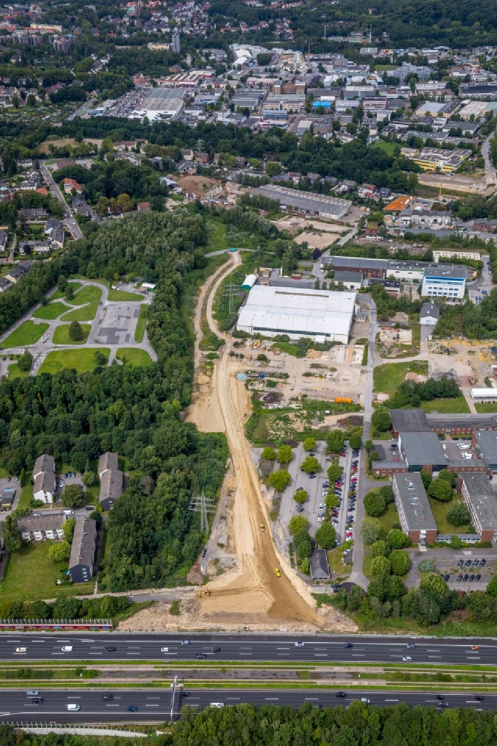 Essen from the bird's eye view: Construction site for the new construction of the motorway entrance on the BAB 40 in Frillendorf in Essen in the federal state of North Rhine-Westphalia, Germany