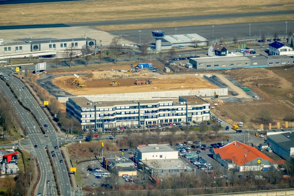 Aerial image Holzwickede - Construction site at the car dealership of the car Porsche Zentrum Dortmund of Huelpert GmbH on Bertha-Krupp-Strasse in Holzwickede in the state North Rhine-Westphalia, Germany
