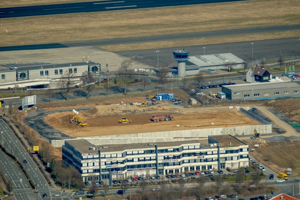 Aerial photograph Holzwickede - Construction site at the car dealership of the car Porsche Zentrum Dortmund of Huelpert GmbH on Bertha-Krupp-Strasse in Holzwickede in the state North Rhine-Westphalia, Germany