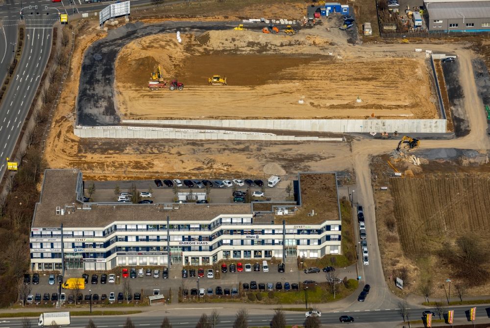 Holzwickede from the bird's eye view: Construction site at the car dealership of the car Porsche Zentrum Dortmund of Huelpert GmbH on Bertha-Krupp-Strasse in Holzwickede in the state North Rhine-Westphalia, Germany
