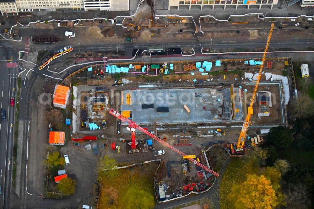 Dessau from above - Construction site for the new building Bauhaus-Museum on Kavalierstrasse corner Friedrichstrasse in Dessau in the state Saxony-Anhalt, Germany