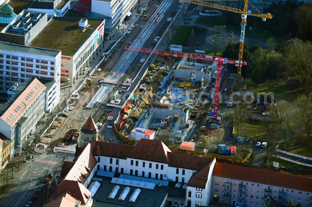 Dessau from the bird's eye view: Construction site for the new building Bauhaus-Museum on Kavalierstrasse corner Friedrichstrasse in Dessau in the state Saxony-Anhalt, Germany