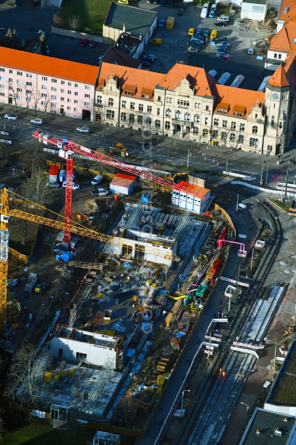 Dessau from the bird's eye view: Construction site for the new building Bauhaus-Museum on Kavalierstrasse corner Friedrichstrasse in Dessau in the state Saxony-Anhalt, Germany