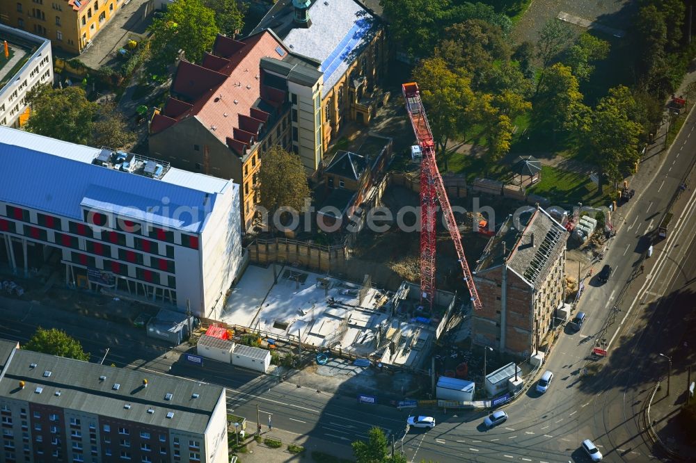 Leipzig from above - Construction site for the construction of a handicapped workshop and conveyor Campus Lorenzo in the district Reudnitz in Leipzig in the state Saxony, Germany