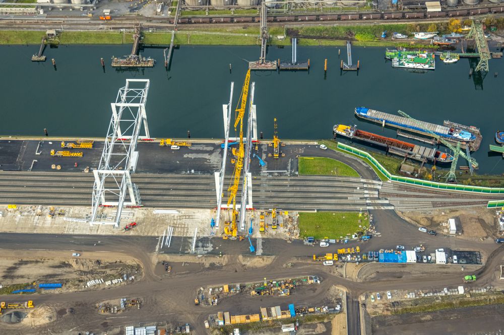 Aerial photograph Duisburg - Construction site to build a new loading station for on the coal island on Schlickstrasse in the harbour in the Ruhrort district in Duisburg in the Ruhr area in the state North Rhine-Westphalia, Germany