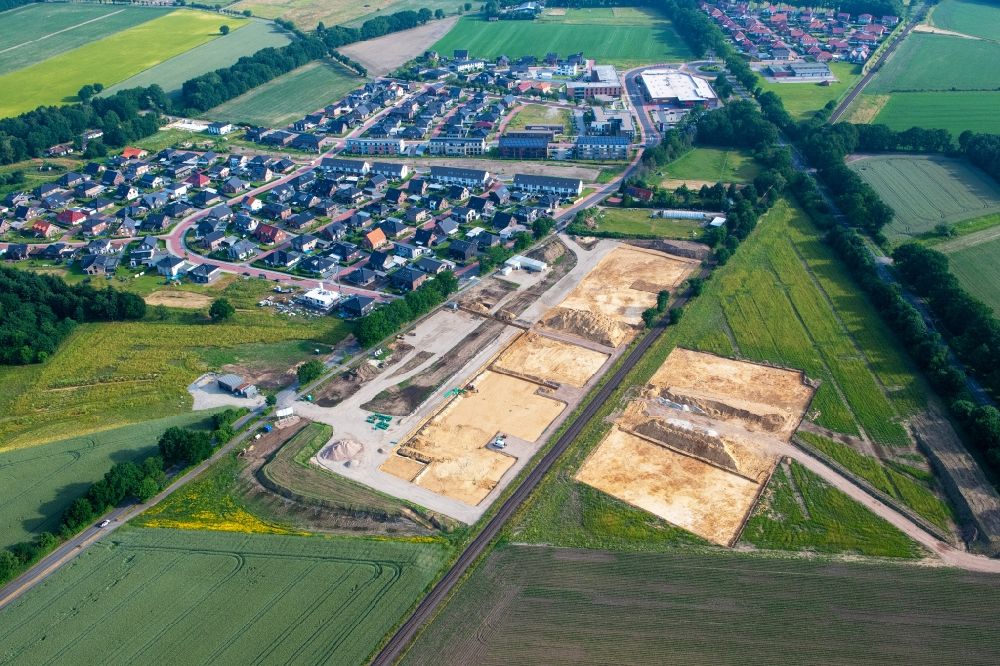 Stade from above - Construction site for the new building complex of the education and training center in Stade in the state Lower Saxony, Germany