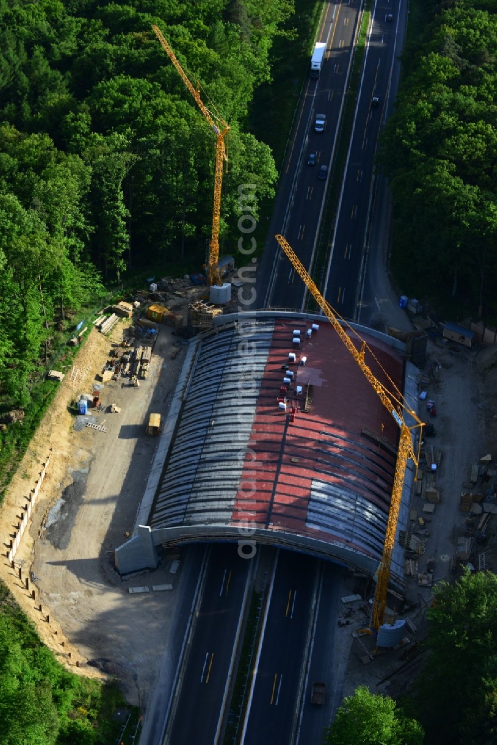 Warnitz from above - Construction site to build a new bridge building on the motorway A11 motorway at Warnitz in Uckermark in Brandenburg