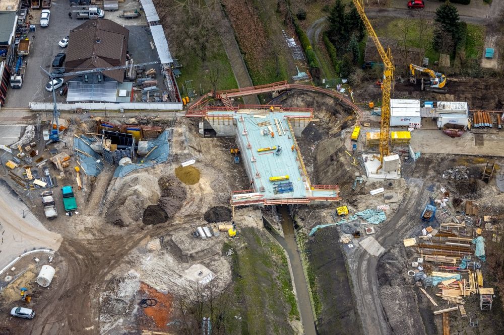Oberhausen from above - New construction of the bridge structure over the river Hauptkanal on Erlenstrasse in the district Weierheide in Oberhausen at Ruhrgebiet in the state North Rhine-Westphalia, Germany