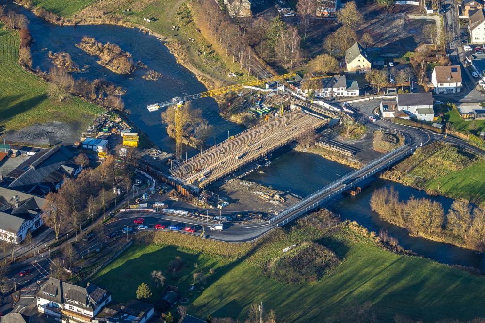 Aerial image Oeventrop - New construction of the bridge structure Dinscheder Bruecke over the Ruhr river in Oeventrop at Sauerland in the state North Rhine-Westphalia, Germany