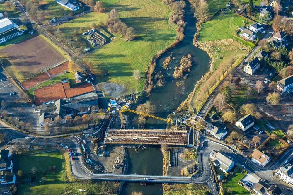 Oeventrop from above - New construction of the bridge structure Dinscheder Bruecke over the Ruhr river in Oeventrop at Sauerland in the state North Rhine-Westphalia, Germany