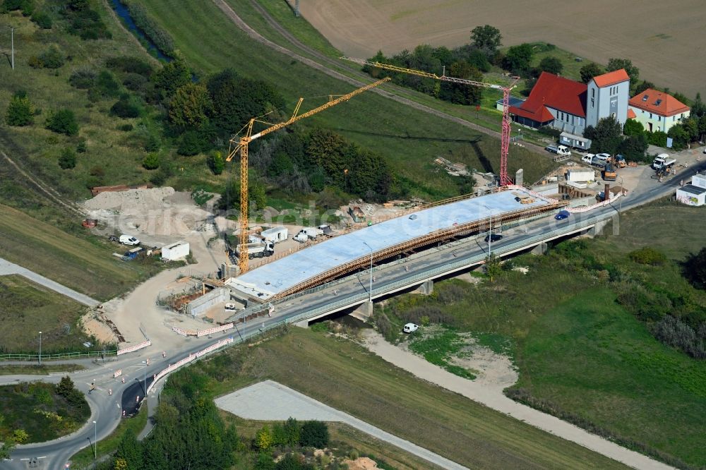 Jeßnitz (Anhalt) from above - New construction of the bridge structure Flutbruecke in the district Rossdorf in Jessnitz (Anhalt) in the state Saxony-Anhalt, Germany