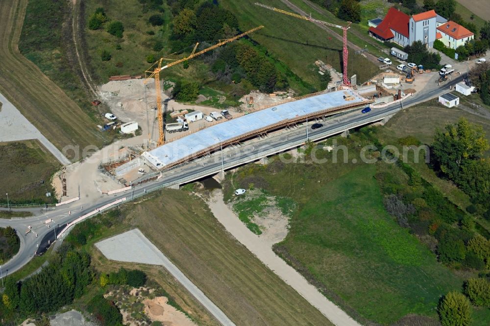 Jeßnitz (Anhalt) from the bird's eye view: New construction of the bridge structure Flutbruecke in the district Rossdorf in Jessnitz (Anhalt) in the state Saxony-Anhalt, Germany