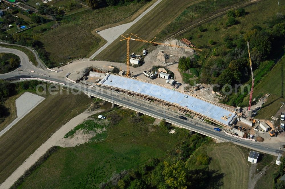 Aerial image Jeßnitz (Anhalt) - New construction of the bridge structure Flutbruecke in the district Rossdorf in Jessnitz (Anhalt) in the state Saxony-Anhalt, Germany