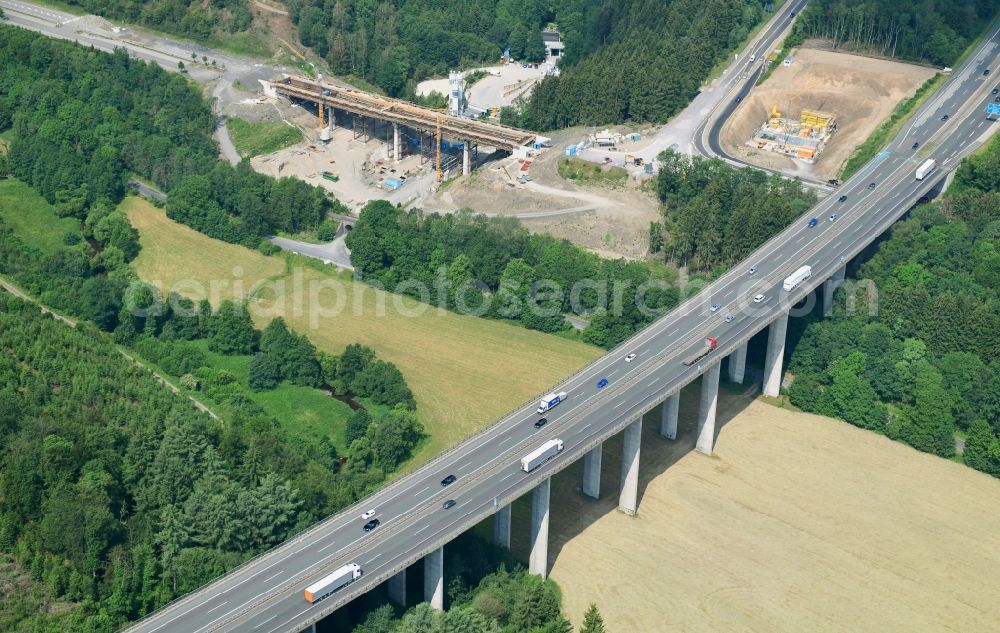 Olpe from above - New construction of the bridge structure of Talbruecke Oehringhausen in Olpe in the state North Rhine-Westphalia, Germany