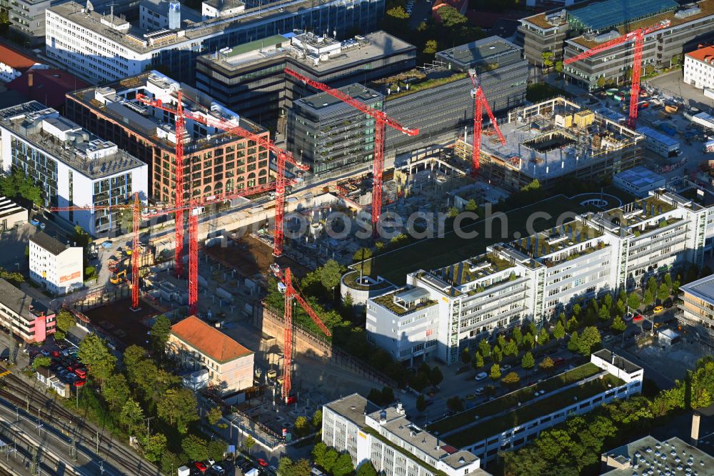 München from above - Construction site for the new building of an Office building - Ensemble of iCampus Rhenania on Friedenstrasse corner Muehldorfstrasse in the district Berg am Laim in Munich in the state Bavaria, Germany