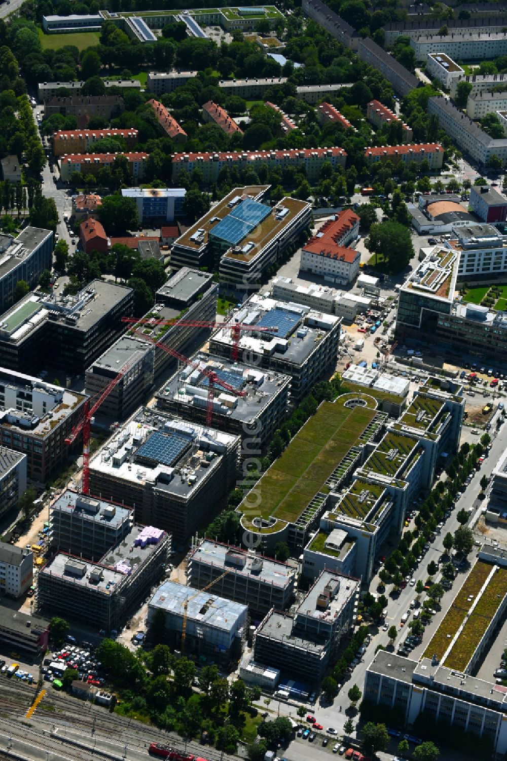 München from above - Construction site for the new building of an Office building - Ensemble of iCampus Rhenania on Friedenstrasse corner Muehldorfstrasse in the district Berg am Laim in Munich in the state Bavaria, Germany