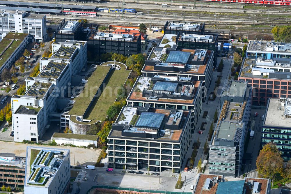 Aerial photograph München - Construction site for the new building of an Office building - Ensemble of iCampus Rhenania on Friedenstrasse corner Muehldorfstrasse in the district Berg am Laim in Munich in the state Bavaria, Germany