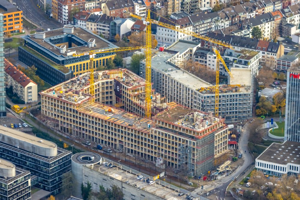 Aerial photograph Düsseldorf - Construction site for the new building of an Office building - Ensemble PANDION OFFICEHOME Rise on street Voelklinger Strasse in the district Unterbilk in Duesseldorf at Ruhrgebiet in the state North Rhine-Westphalia, Germany
