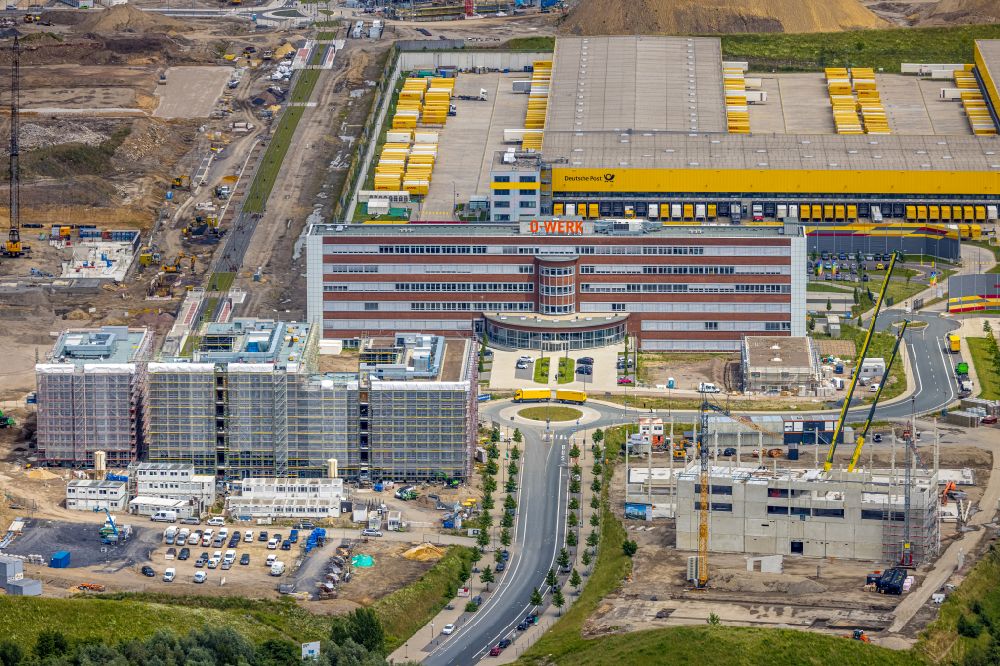 Aerial image Bochum - Construction site for the new building of an Office building - Ensemble O-Werk- Campus on street Suttner-Nobel-Allee in the district Laer in Bochum at Ruhrgebiet in the state North Rhine-Westphalia, Germany