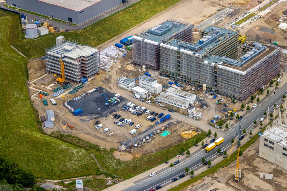 Bochum from above - Construction site for the new building of an Office building - Ensemble O-Werk- Campus on street Suttner-Nobel-Allee in the district Laer in Bochum at Ruhrgebiet in the state North Rhine-Westphalia, Germany