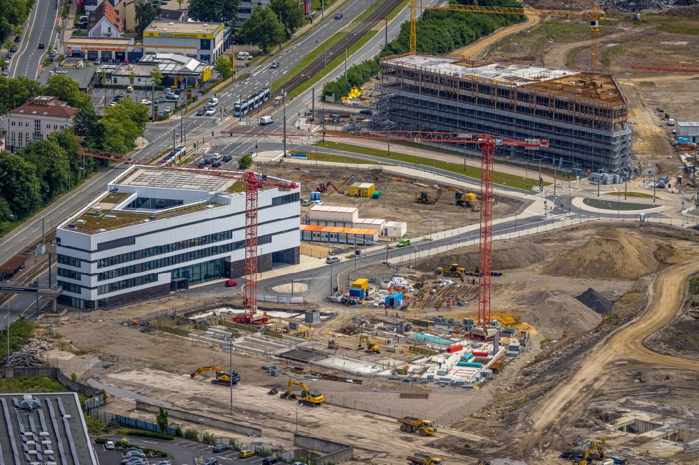 Aerial image Bochum - Construction site for the new building of an Office building - Ensemble O-Werk- Campus on street Suttner-Nobel-Allee in Bochum at Ruhrgebiet in the state North Rhine-Westphalia, Germany