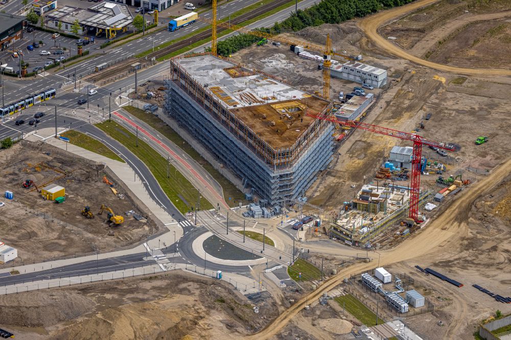 Aerial photograph Bochum - Construction site for the new building of an Office building - Ensemble O-Werk- Campus on street Suttner-Nobel-Allee in Bochum at Ruhrgebiet in the state North Rhine-Westphalia, Germany