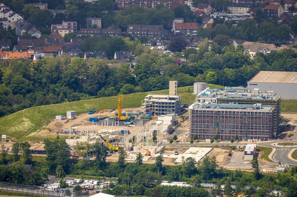 Aerial image Bochum - Construction site for the new building of an office building - ensemble at the O-Werk- Campus on street Suttner-Nobel-Allee in Bochum at Ruhrgebiet in the state North Rhine-Westphalia, Germany